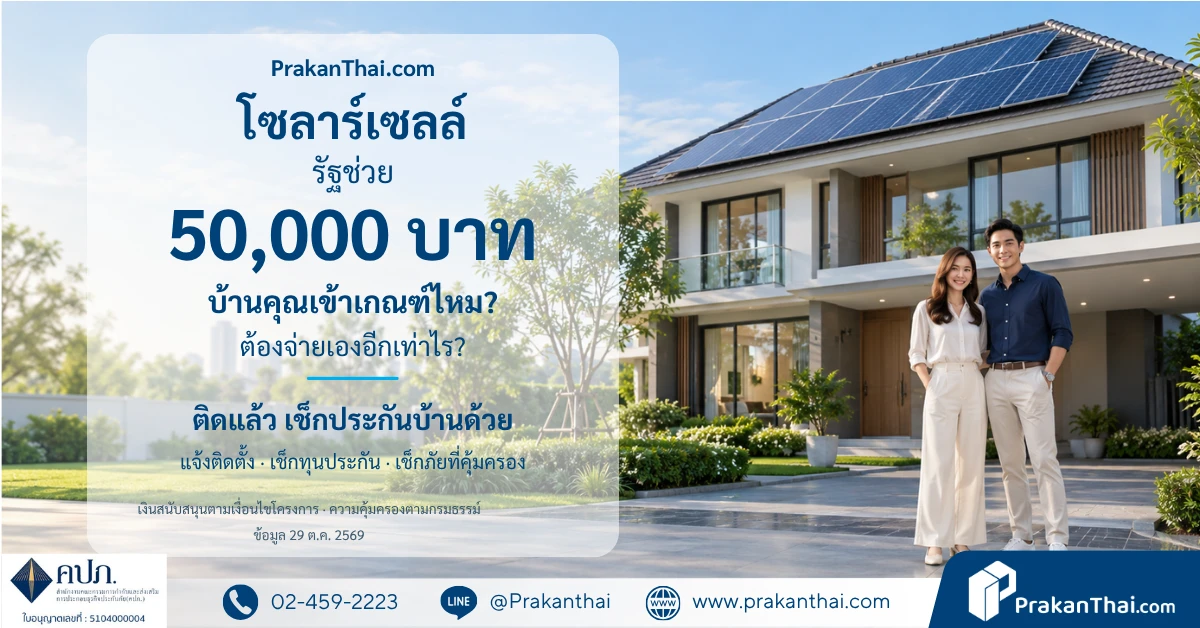 โซลาร์เซลล์รัฐช่วย 50,000 บาท: บ้านแบบไหนได้สิทธิ์ จ่ายเองอีกเท่าไร และประกันบ้านที่ควรเช็ก