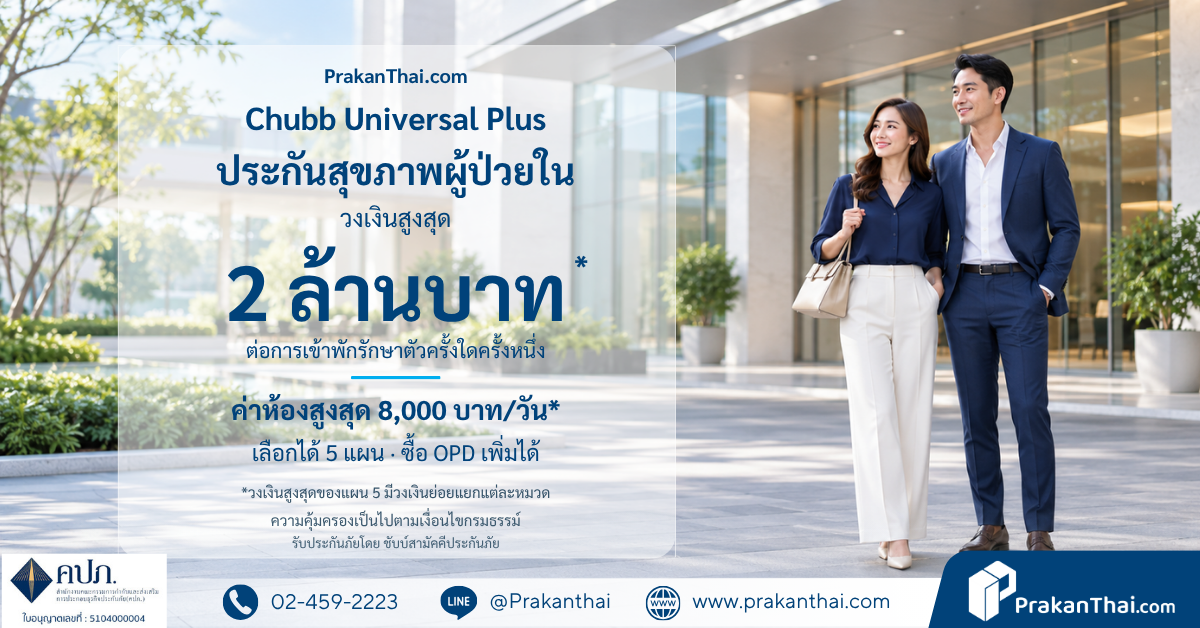 Chubb Universal Plus health insurance for working people who want inpatient insurance with premiums in the thousands of baht, with a limit of up to THB 2 million per stay