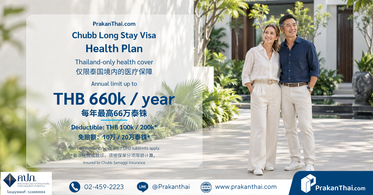 O-A visa health insurance Chubb Long Stay Visa Health Plan for foreigners aged 18–80, premiums from THB 3,900 per year
